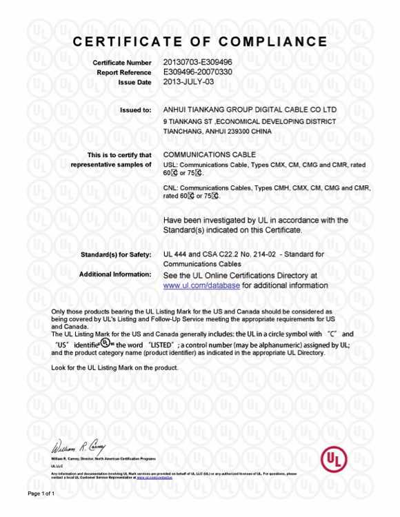 AnHui TianKang Communications Cable UL Certificate