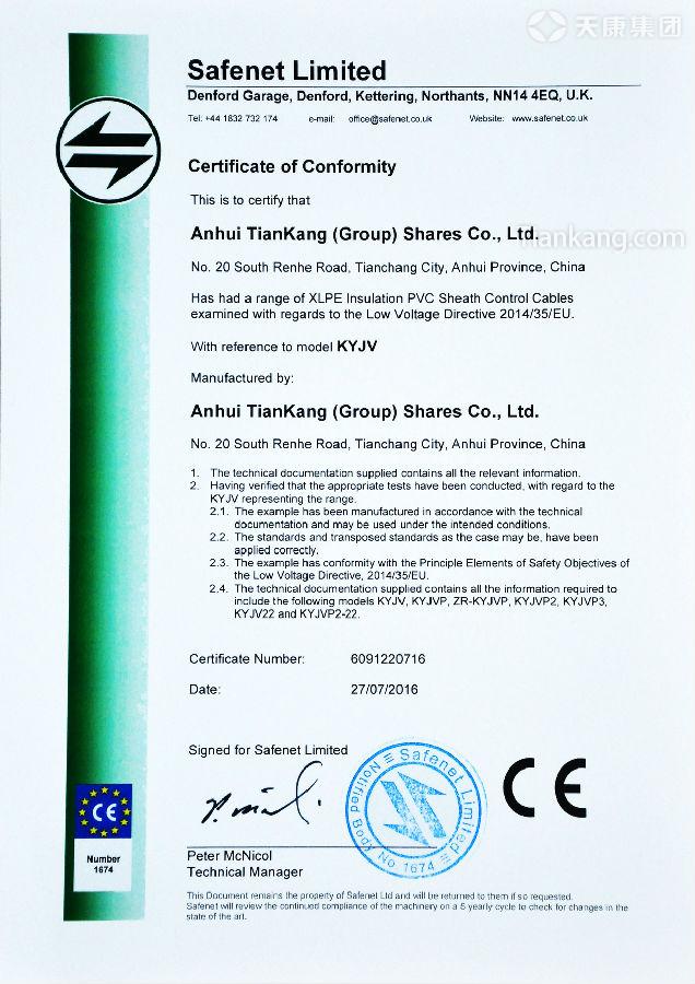 AnHui TianKang XLPE Insulation PVC Sheath Control Cables CE Certificate